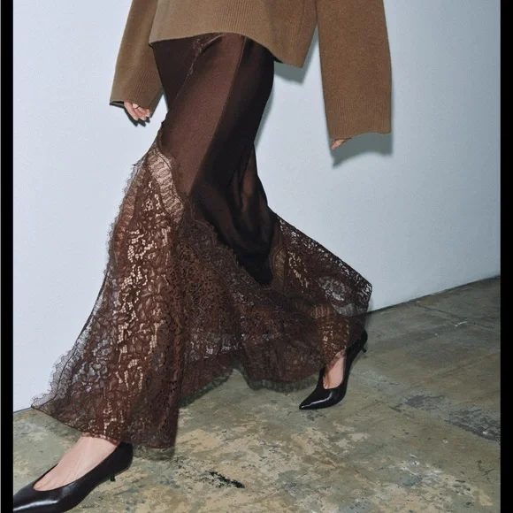 ZARA ZW COLLECTION SATIN EFFECT BROWN LACE SKIRT | ref no. 5919/212/700 - Picture 5 of 14